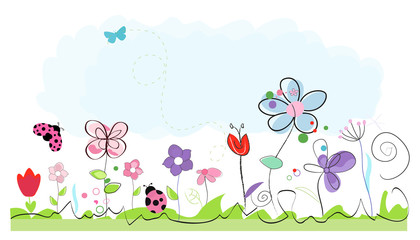 Obraz premium Summer time abstract colorful doodle flowers vector background