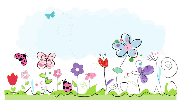 Summer time abstract colorful doodle flowers vector background