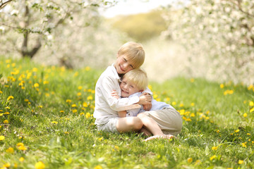 Brothers Hugging Outside in Flower Meadow