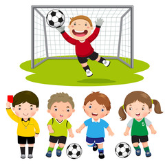 Naklejka premium Set of cartoon soccer kids with different pose