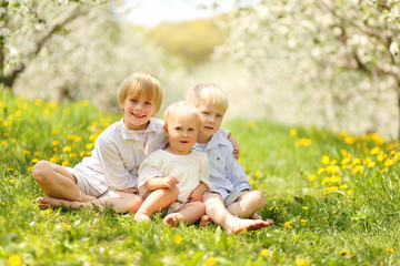 Naklejka na ściany i meble Three Cute Children Relaxing in Flower Meadow and Trees