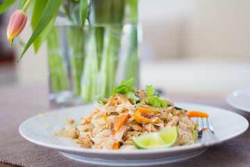 fried noodles pad thai closeup on plate