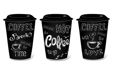 Black coffee cup covered with hand-drawings on the theme of coff