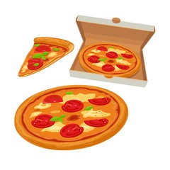 Whole pizza margherita in open white box and slice. Isolated vector flat illustration for poster, menus, logotype, brochure, web and icon