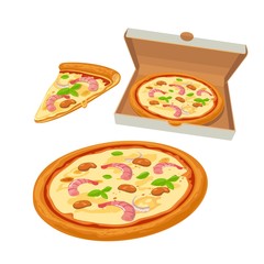 Whole pizza seafood in open white box and slice. Isolated vector flat illustration for poster, menus, logotype, brochure, web and icon.