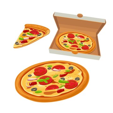 Whole pizza Mexican in open white box and slice. Isolated vector flat illustration for poster, menus, logotype, brochure, web and icon.