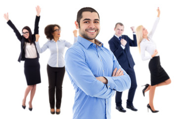 cheerful business man and happy business people celebrating some