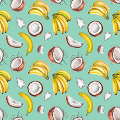Watercolor banana and coconut pattern