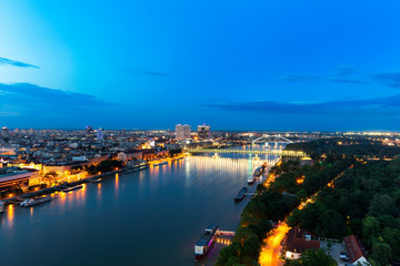 Bratislava new bridge and Apollo bridge at evening from UFO tower