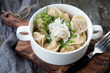 Boiled sour cream and greens pelmeni

