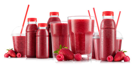 Multifruit smoothie in many kinds of glasses and bottles 