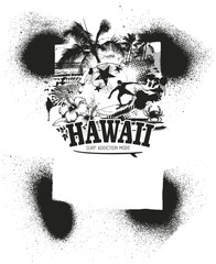 hawaiian inky frame with beauty beach and surfer