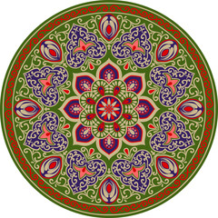 Drawing of a floral mandala in green, blue, red, pink  and gray  colors on a white background
