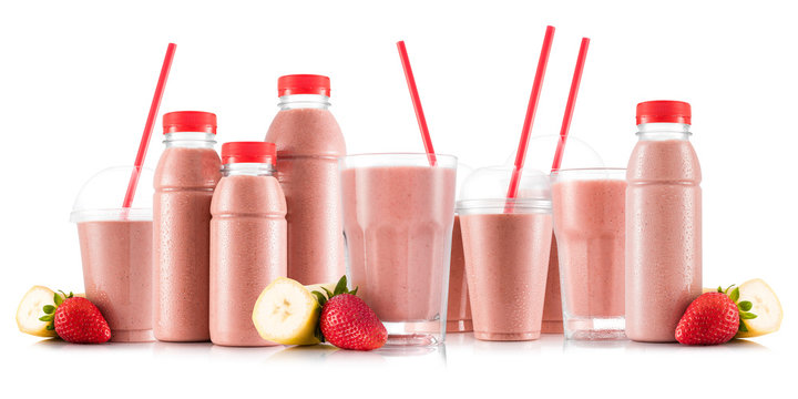 Strawberry and banana smoothie in many kinds of glasses and bottles