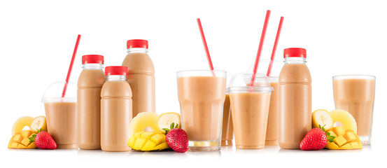 Multifruit smoothie in many kinds of glasses and bottles  - obrazy, fototapety, plakaty