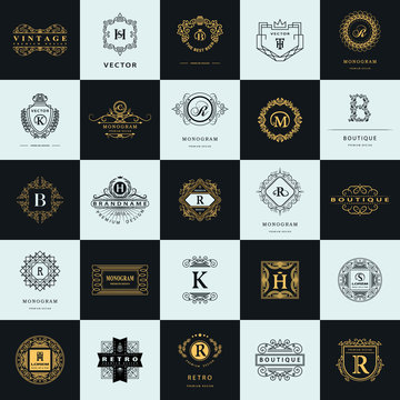 Vintage Logos Design Templates Set. Logotypes elements collection, Icons Symbols, Retro Labels, Badges, Silhouettes. Abstract logo, Letter emblems. Premium Collection. Vector illustration
