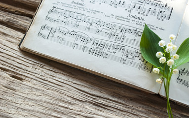 Alte Musiknoten, Notenblätter mit Maiglöckchen (Convallaria majalis) auf Treibholz / Holz Hintergrund - 112336051