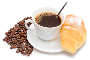 coffee and croissant on a white