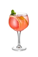 cocktail syringe with grapefruit, plum and mint leaves in transparent glass