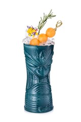 Blue tiki mug decorated with melon balls, zephyr and a sprig of rosemary