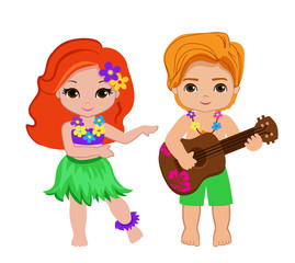 illustration of boy playing guitar and hawaiian girl hula dancing