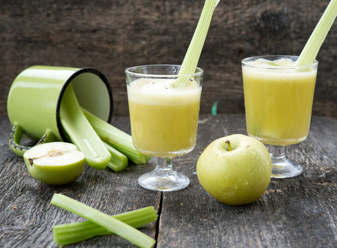 Freshly squeezed juice from a celery and apples
