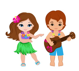 illustration of boy playing guitar and hawaiian girl hula dancing