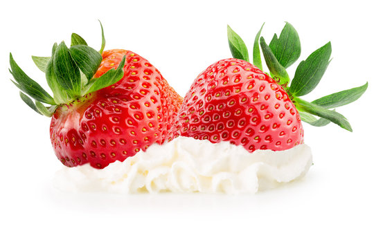 strawberries with whipped cream isolated on the white background