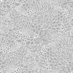Seamless pattern with doodles, flowers and waves. Ornate zentang