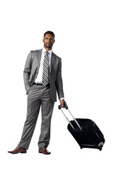 black man holding a traveling luggage