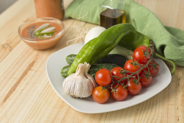 Andalusian gazpacho with its ingredients