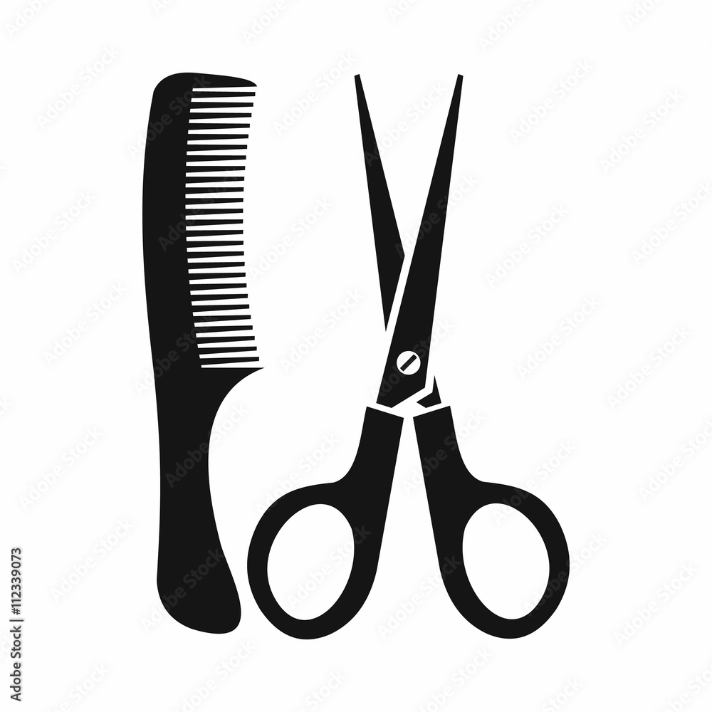 Poster scissors and comb icon, simple style