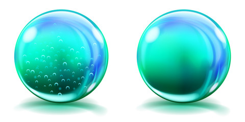 Two big light blue glass spheres with air bubbles and without, and with glares and shadows. Transparency only in vector file