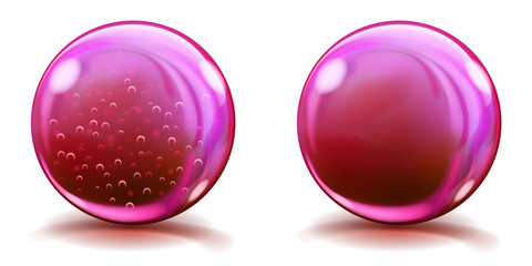 Two big pink glass spheres with air bubbles and without, and with glares and shadows. Transparency only in vector file