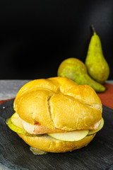 Healthy Vegetarian Veggie Sandwich with  French soft cheese, pear and honing