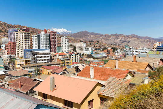 La Paz city Illimani mountain peak cityscape panorama view.