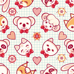 Animal. Seamless pattern.  Children's clothing.  Rabbit, hare, bear, cat, kitten, raccoon, koala, panda, fox, squirrel, sheep, dog