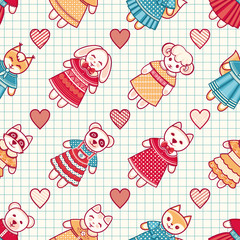 Animal. Seamless pattern.  Children's clothing.  Rabbit, hare, bear, cat, kitten, raccoon, koala, panda, fox, squirrel, sheep, dog