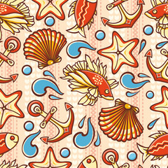 Fototapeta premium Marine pattern. Seamless. Sea background. Nautical pattern. Sea shell. Sea life. Marine icon. Marine background. Nautical background. Nautical icon. Sea icon. Sea pattern. 