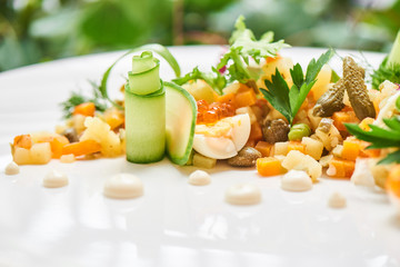 Russian salad closeup on white plate