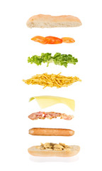  floating sandwich, hot dog sandwich with mushrooms, sausage, bacon, cheese, chips, lettuce and tomato © ricardo rocha