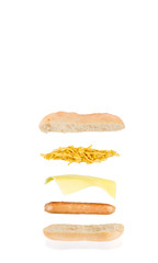 floating sandwich, hot dog sandwich with sausage,cheese and chips