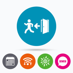 Emergency exit sign icon. Door with left arrow.