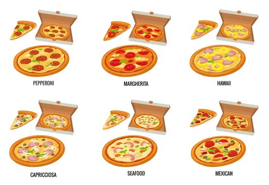 Set whole and slice pizza in open white box. Pepperoni, Hawaiian, Margherita, Mexican, Seafood, Capricciosa. Vector isolated flat illustration for poster, menus, brochure, web and icon.