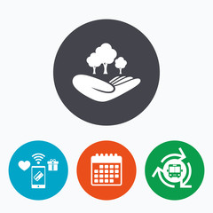 Save forest sign. Hand holds tree symbol