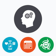 Head with gears sign icon. Male human head.