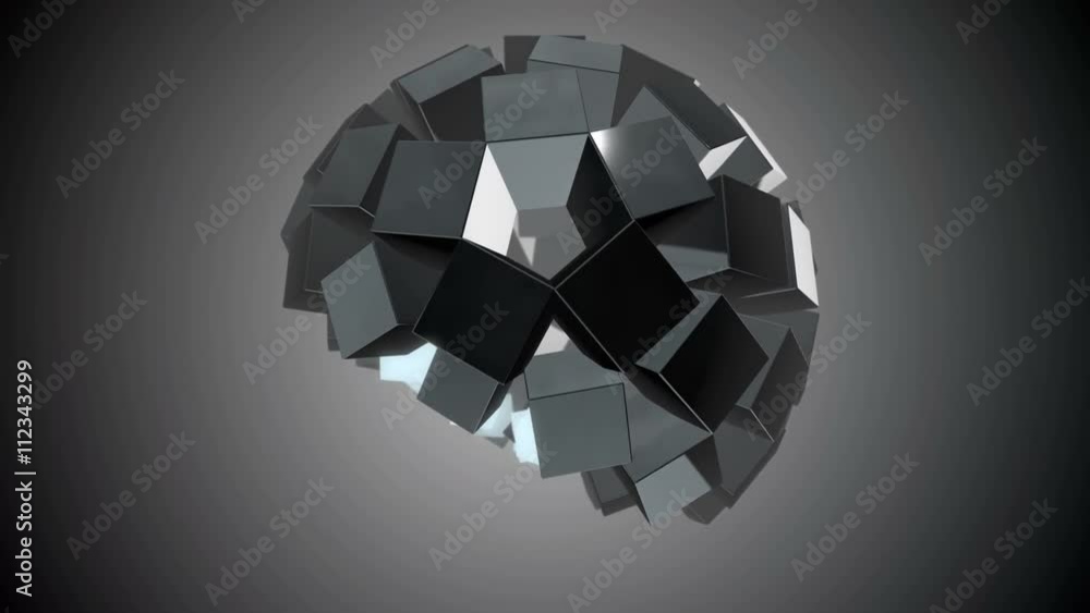 Poster seamless looping 3d animated sphere with cubes morphing from chrome to blue and back to chrome