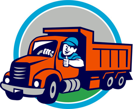 Dump Truck Driver Thumbs Up Circle Cartoon