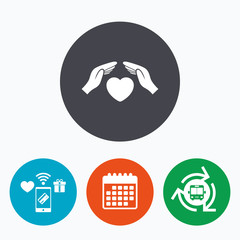 Life insurance sign icon. Hands protect cover.
