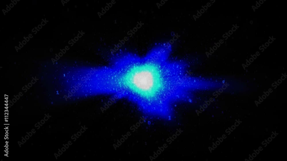 Poster the glowing digital binary object in cyberspace, animated abstract background with numbers and blue 